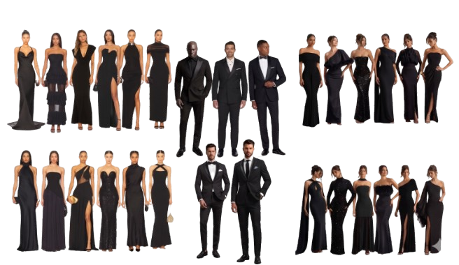 Formal all black attire inspiration for women in gowns and men in tuxedos